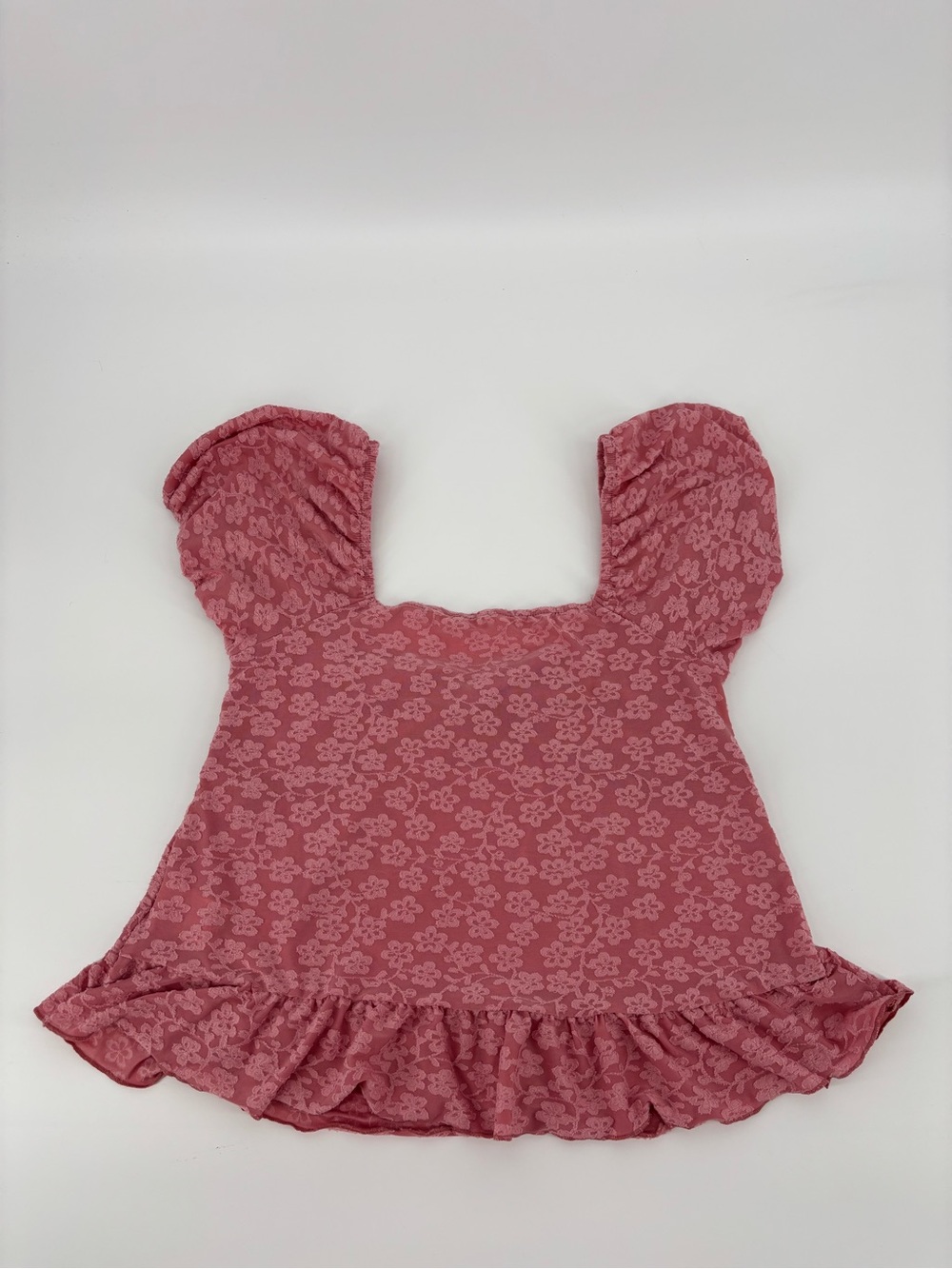 SHEIN Pink Floral Mesh Top Small Square Neck Puff Sleeve Ruffle Hem Sheer Boho